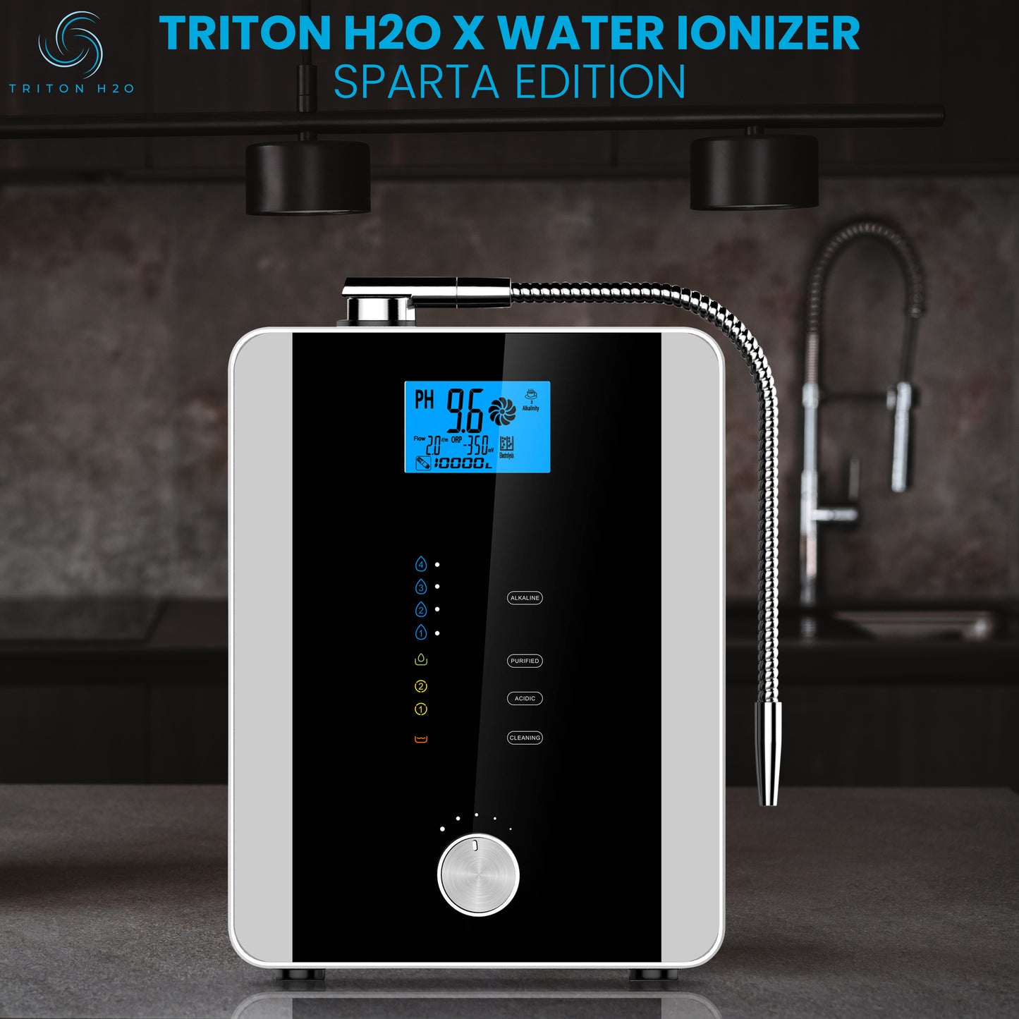 TRITON H2O X Water Ionizer Machine - Sparta Edition - Home Alkaline Water Filtration - Produces pH 4.0-10.5 Alkaline Water - 8000 Liters Per Filter - 7 Settings - Countertop Filtration System